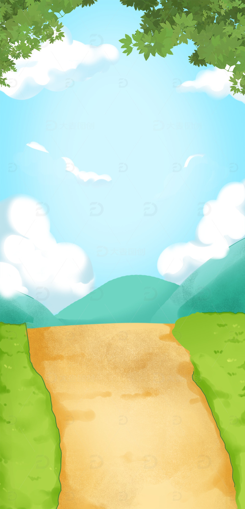 春天场景春游郊游大自然手绘插画绿色背景