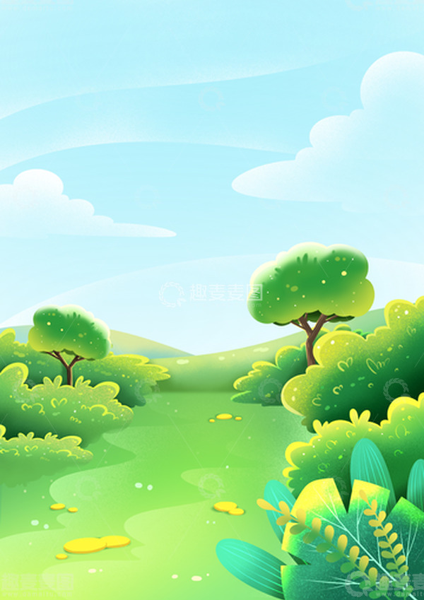 源文件下载【趣麦麦图】-绿色清新春天草地场景手绘图