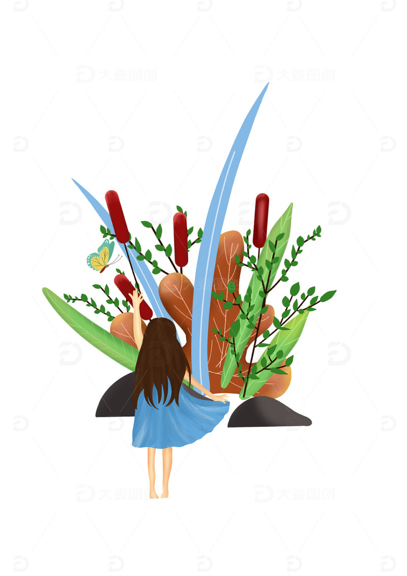绿色女孩蝴蝶植物春季元素