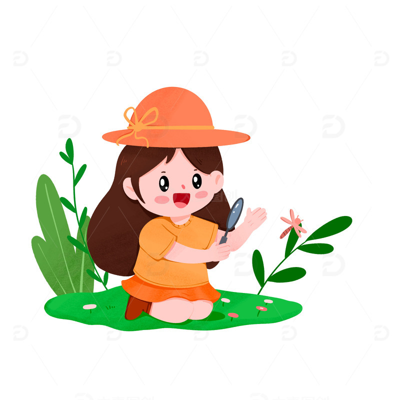 春天女孩在树叶上观察昆虫元素