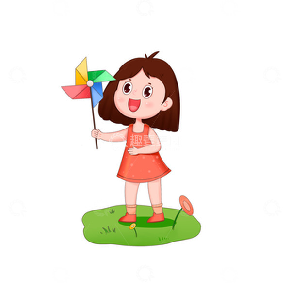 源文件下载【趣麦麦图】春天女孩在草地上玩风车免抠元素