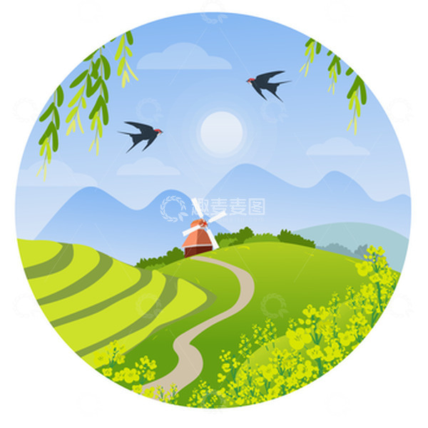 源文件下载【趣麦麦图】蓝绿色小清新春天燕子油菜花素材