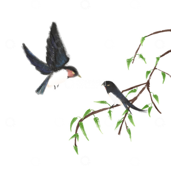 源文件下载【趣麦麦图】春天水墨画飞翔燕子树枝装饰