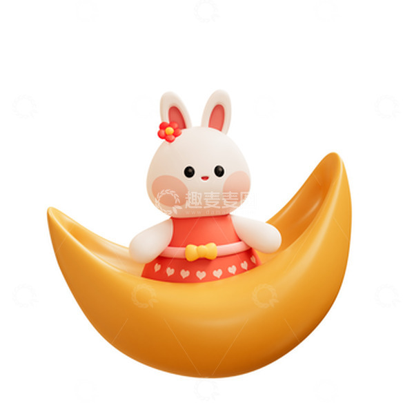 源文件下载【趣麦麦图】3D坐在月亮船上的兔子