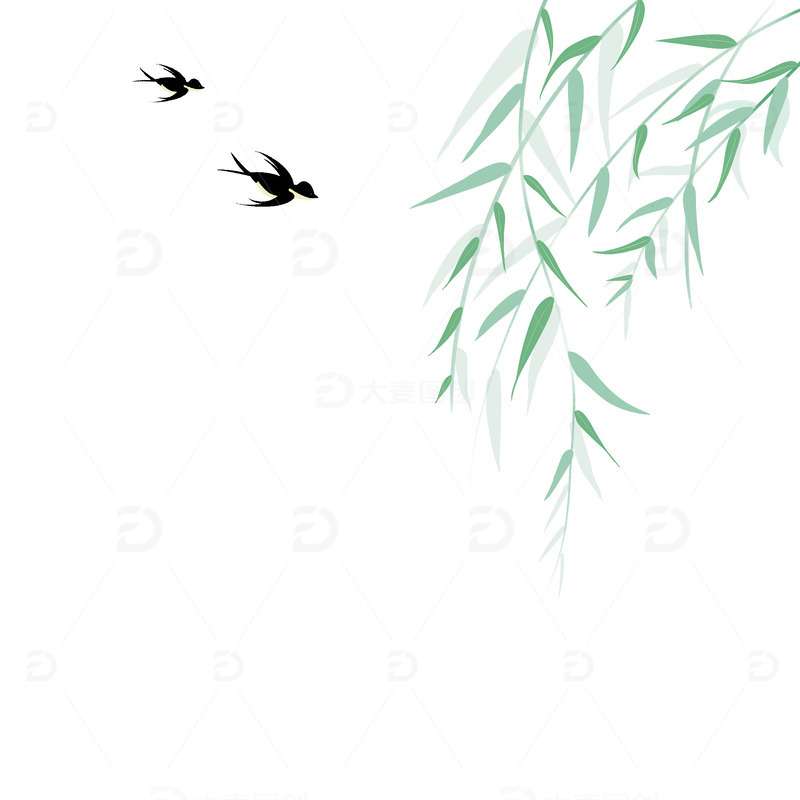 绿色小清新春天植物柳树小燕子手绘元素