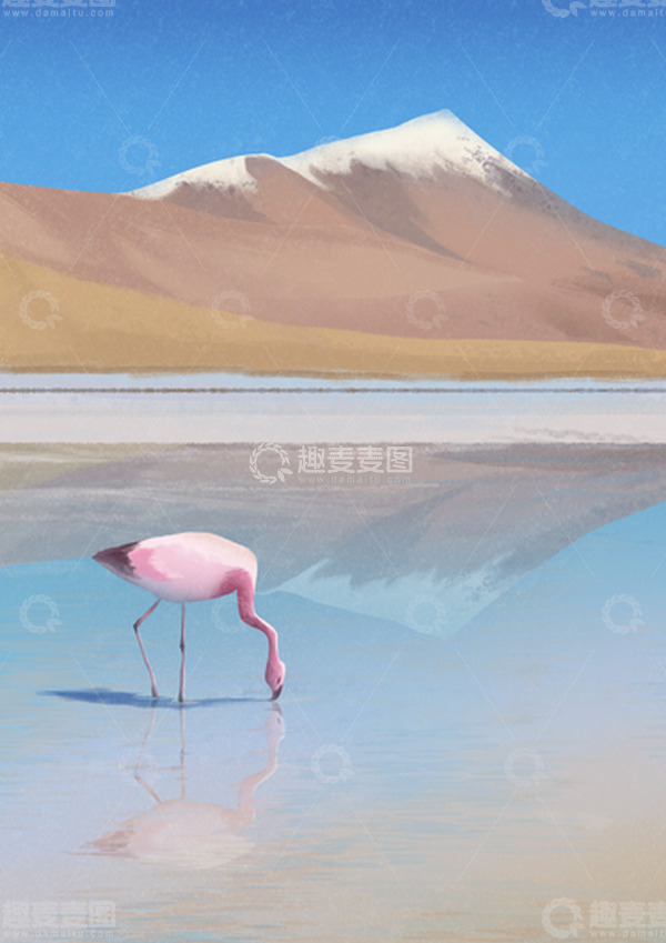 源文件下载【趣麦麦图】粉系小清新山水火烈鸟手绘图