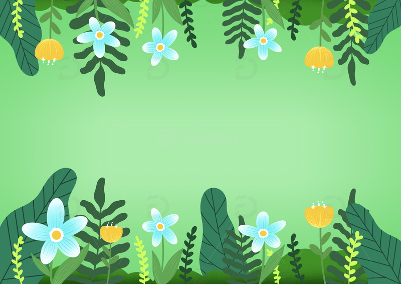 绿色春天花草扁平简约插画背景