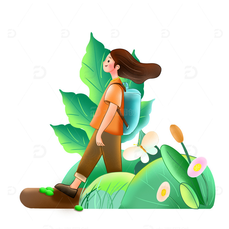 绿色春天人物扁平风插画手绘元素