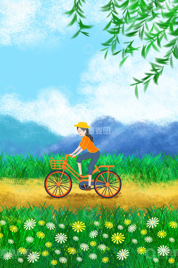 源文件下载【趣麦麦图】绿色小清新春天草地踏青柳枝