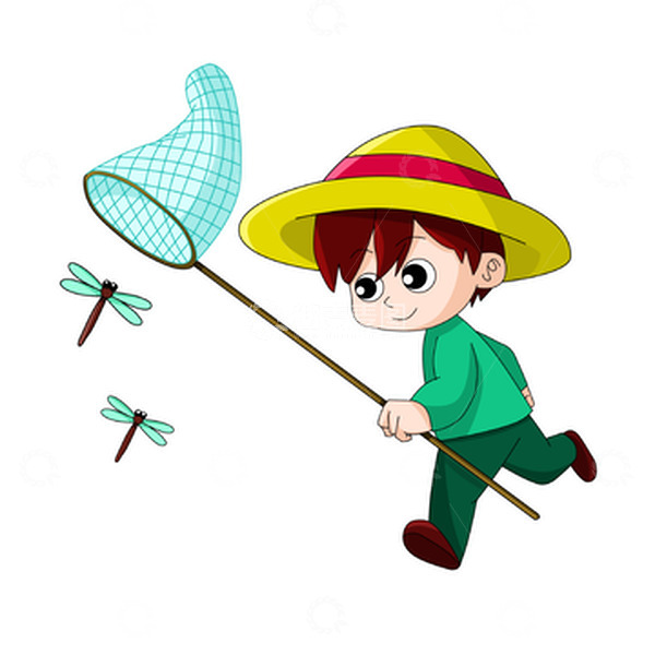 源文件下载【趣麦麦图】-春天捉蜻蜓的卡通男孩元素