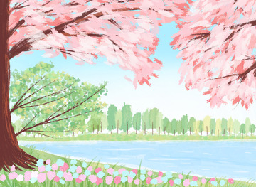 春天郊游春日公园扁平风湖畔樱花树文艺风景