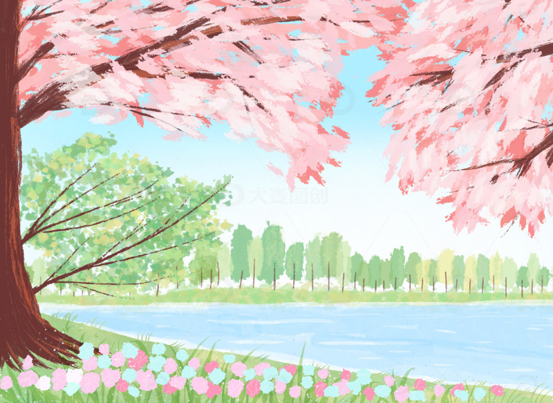 春天郊游春日公园扁平风湖畔樱花树文艺风景