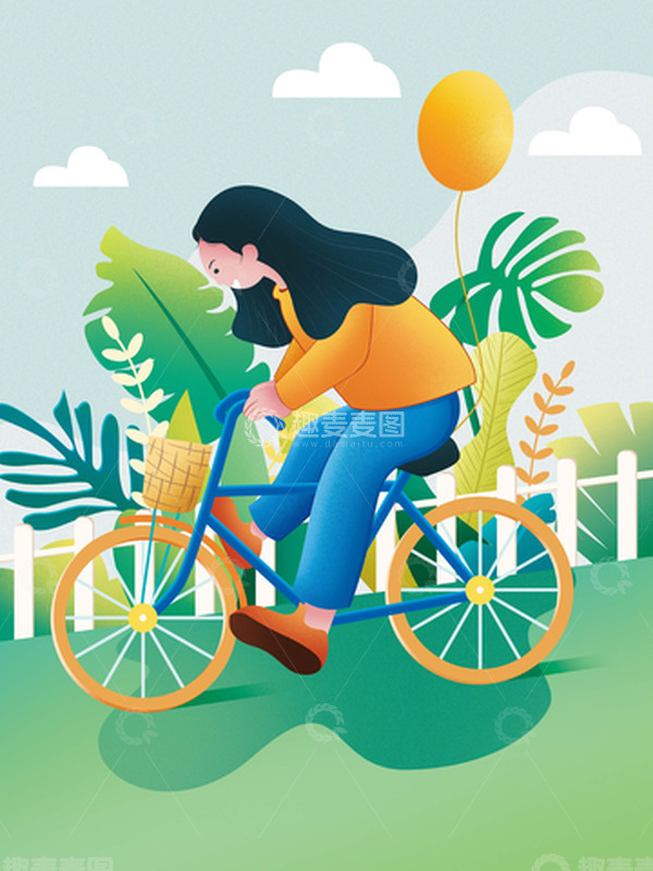 源文件下载【趣麦麦图】绿色小清新春天踏春游骑行插画