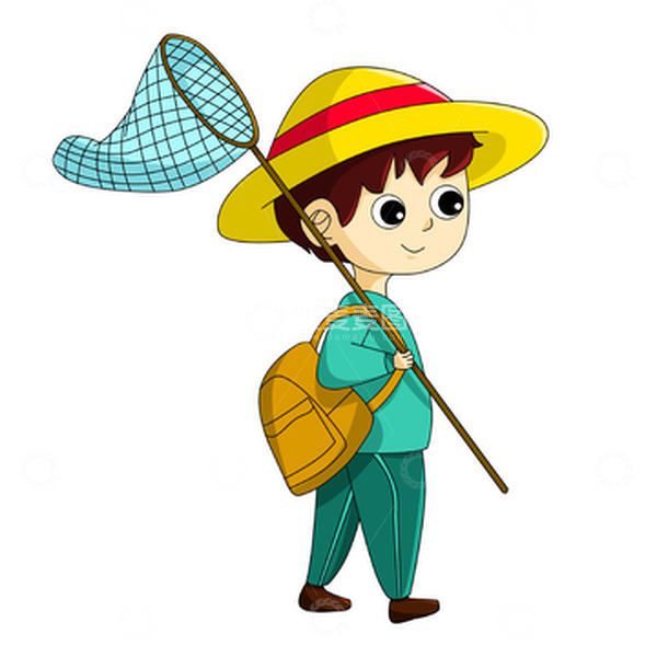 源文件下载【趣麦麦图】春天拿网捉昆虫戴草帽背包卡通男孩