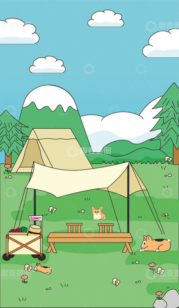 源文件下载【趣麦麦图】绿色小清新春天郊区野餐露营