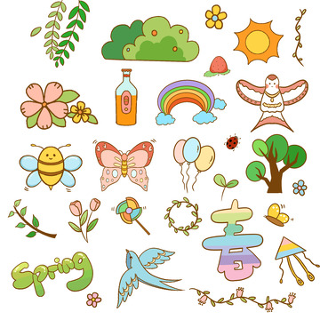 彩色小清新春天元素手绘手账元素