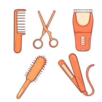 手绘理发器剪刀工具一套图标