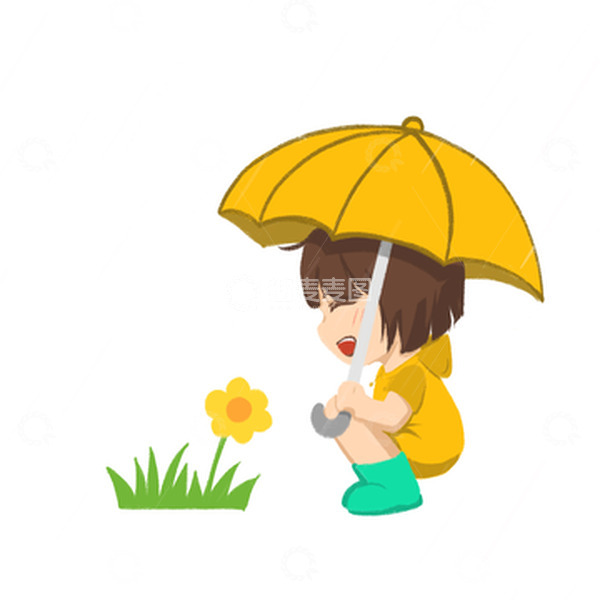 源文件下载【趣麦麦图】打黄色雨伞小女孩看着小花微笑手绘图