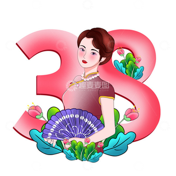 源文件下载【趣麦麦图】38妇女节插画电商插画主图旗袍美女插画