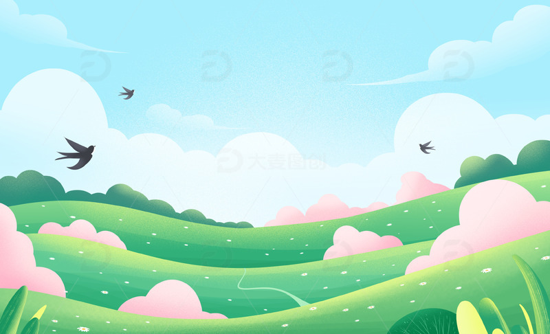 绿色小清新春天踏青郊游草地风景背景