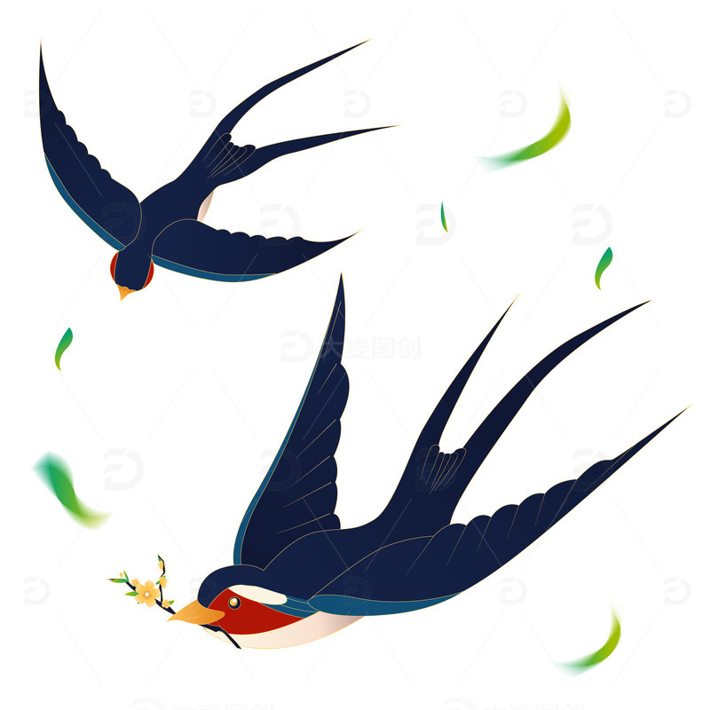 文艺小清新燕子鸟类携树枝飞翔手绘装饰元素