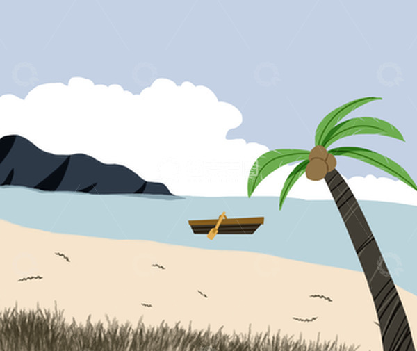 源文件下载【趣麦麦图】灰蓝孤舟椰子沙滩手绘图