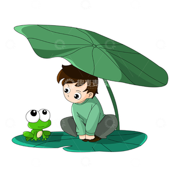 源文件下载【趣麦麦图】雨水节气青蛙荷叶男孩卡通手绘