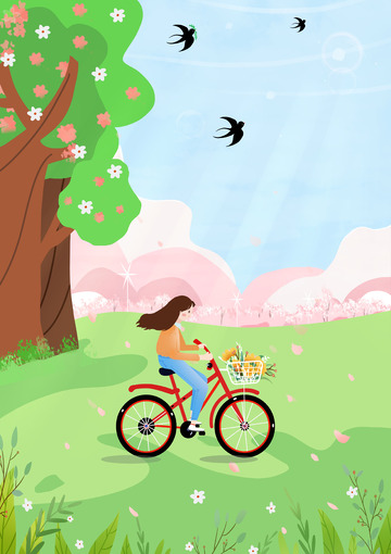 春天骑车踏青背景插画