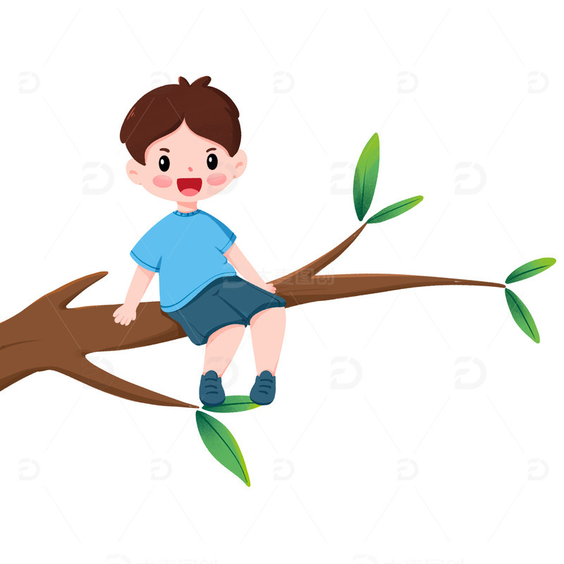 春天男孩坐在枝头开心元素