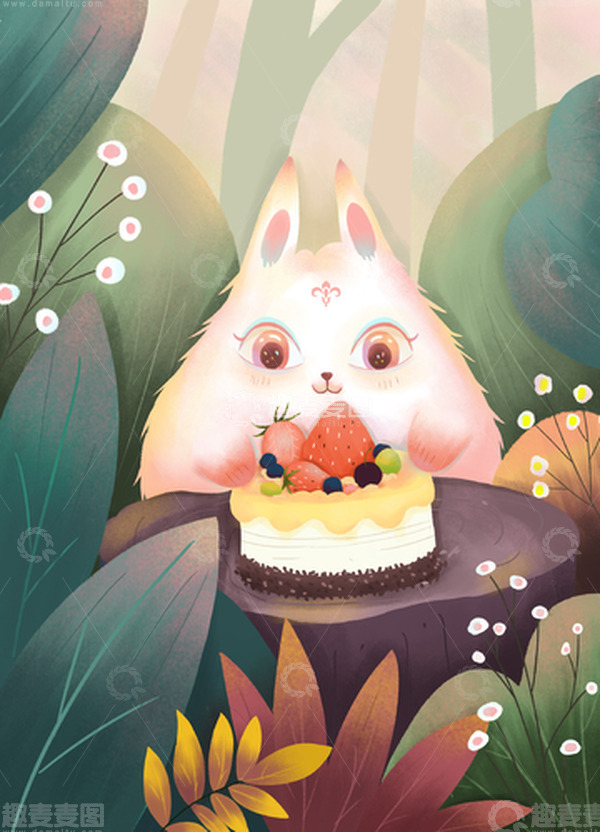 源文件下载【趣麦麦图】手绘卡通吃蛋糕粉色小兔子森林插画