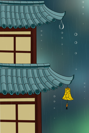 墨蓝色古风庄严雨中楼阁雨水手绘背景