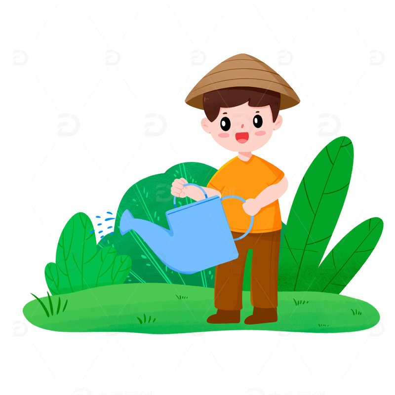 男孩春天拿水壶给花草浇水免抠元素