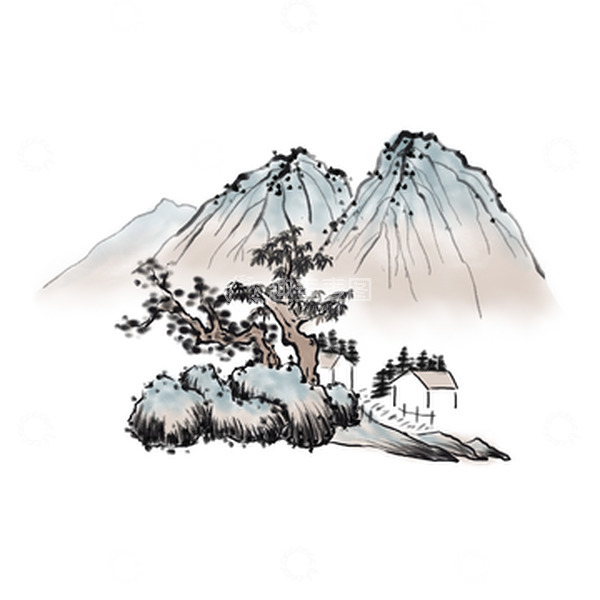 源文件下载【趣麦麦图】-墨色古风水墨山水茅屋