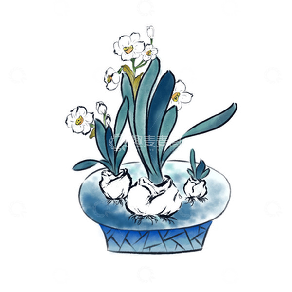 源文件下载【趣麦麦图】蓝色古风水墨水仙盆栽盆景节日花开