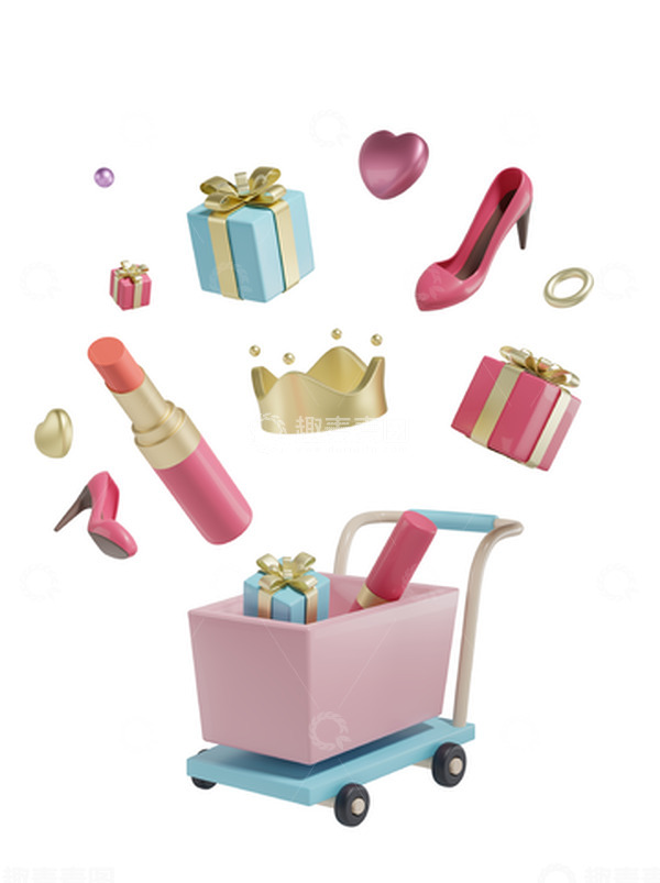 源文件下载【趣麦麦图】3D购物车女王节皇冠口红高跟鞋礼盒妇女节