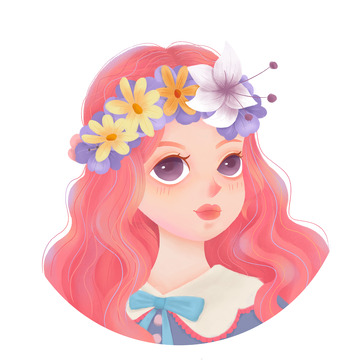 手绘卡通粉头发少女插画