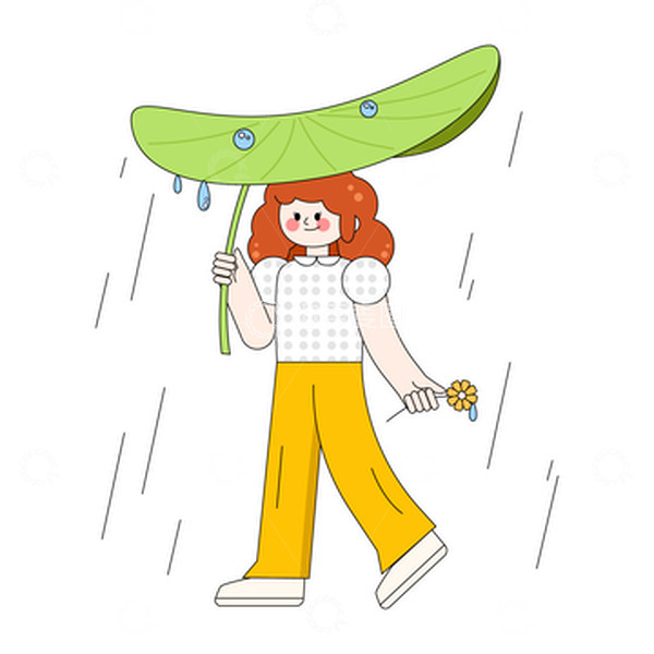 源文件下载【趣麦麦图】卡通扁平下雨天少女撑着绿叶躲雨矢量手绘图