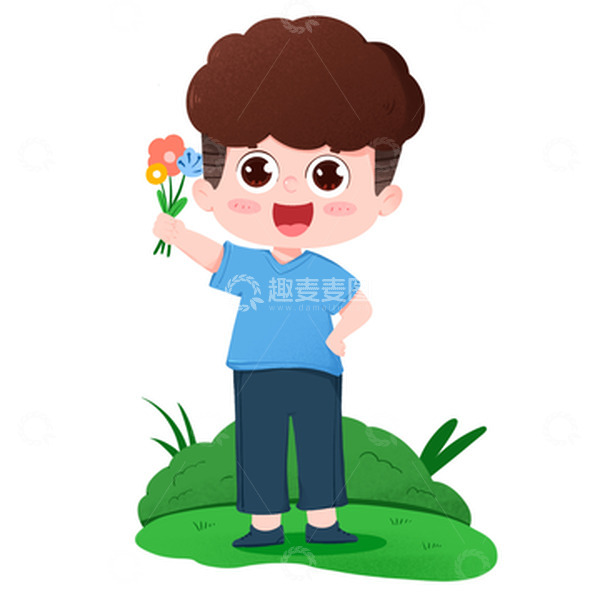源文件下载【趣麦麦图】男孩站在草地上拿着春天的花朵