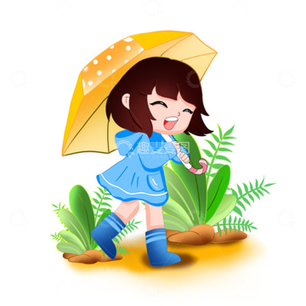 源文件下载【趣麦麦图】小清新手绘雨水打伞踏青可爱插画
