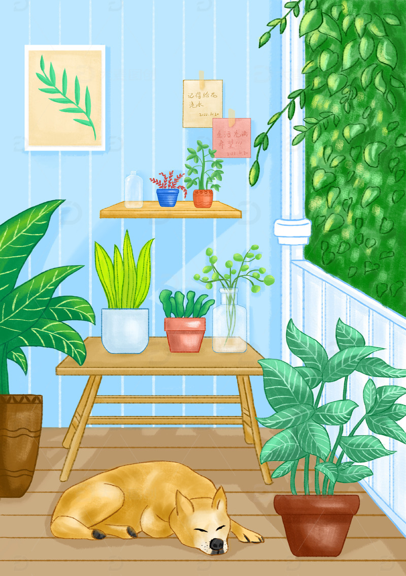 绿色清新花房春天精品手绘图