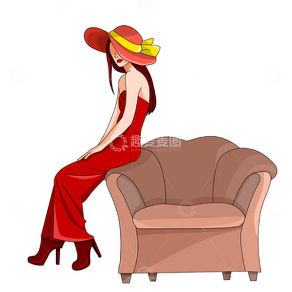 源文件下载【趣麦麦图】38妇女节坐姿女王女神戴帽红裙沙发高跟鞋