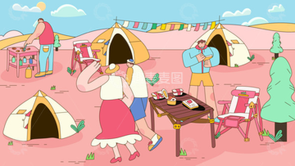 源文件下载【趣麦麦图】-矢量描边风春季春游人物场景插画