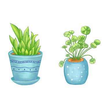 绿色清新盆栽植物春天元素手绘图