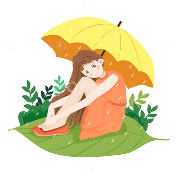 源文件下载【趣麦麦图】-黄绿色卡通风格雨水撑伞女孩
