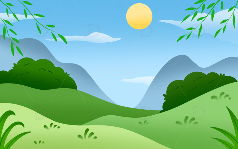 源文件下载【趣麦麦图】春天草地柳条风景背景