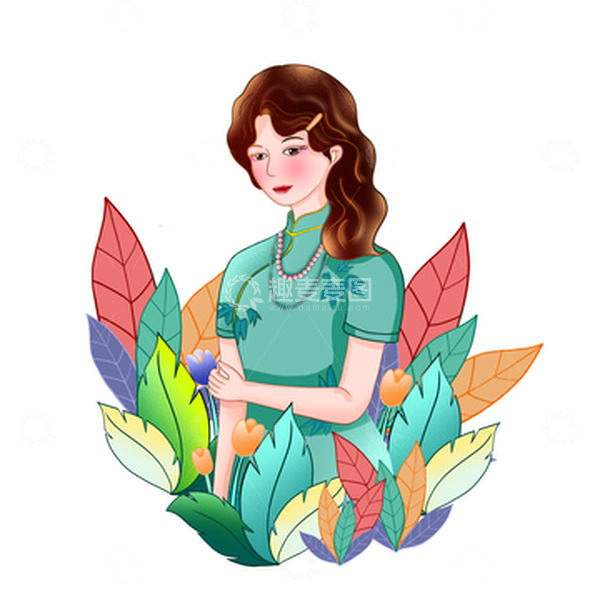 源文件下载【趣麦麦图】手绘妇女节旗袍美女国风小插画场景元素