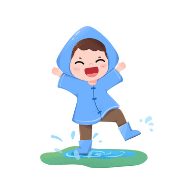 下雨天男孩在户外玩水坑免抠元素
