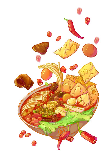 螺蛳粉插画鸡蛋辣椒包装元素