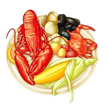 小龙虾贝壳螃蟹玉米摆盘美食插画元素