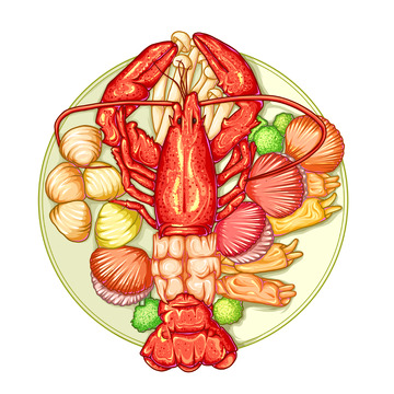 龙虾扇贝金针菇小龙虾美食摆盘海报菜单插画元素